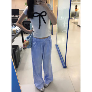 กางเกงขายาวลายทางสไตล์เกาหลีสำหรับผู้หญิง กางเกงขายาวทรงตรงเอวสูง ทรงหลวม สวมใส่สบาย สำหรับฤดูร้อน