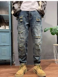 Trendy Brand Mens Loose Straight Leg Jeans with Patchwork Washed Pockets Workwear Straight Leg Pants Fashion Urban Style