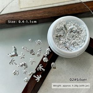 1Box Gold Silver 3D Alloy Ocean Nail Charms Mermaid Tail Seahorse Turtle Starfish Shell Metal Studs Summer Beach Manicure Decor