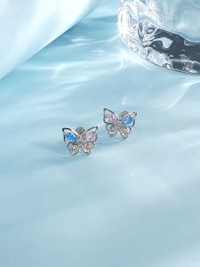 Sylarose 925 Sterling Silver Rainbow Colorful Zirconia Stud Earrings Luxury Hollow Butterfly Fine Jewelry For Women Gift