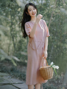Retro Style Womens round Neck A-Line Long Dress Flax Fabric Five-Quarter Sleeve Loose Waist Design Comfortable Summer Dress