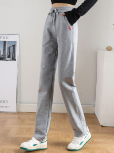 High Waist Straight Leg Cotton Sport Pants Womens Autumn Winter Fleece Lined Slimming Casual Sweatpants Ladies Trousers
