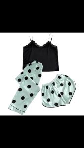 Pola set Piyama Baju tidur Tanktop Lingerie Celana Panjang Pendek Satin Silk Salur Seserahan Premium Pola set 3 in 1