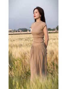 Tea Series Fashion Casual Elegant Two-Piece Set Summer Womens Skirt Long Sleeve round Neck Polyester Business Casual Wear