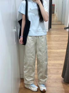 Light Beige Womens Loose Straight Leg Pants Korean Style High Waist Nine Points Polyester Fiber Thin Bend Knife Pants