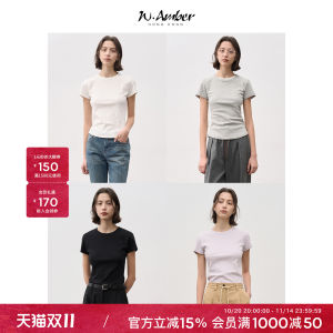 W.Amber round Neck Short Sleeve Knitted T-Shirt Womens Summer New Style Slimming Shoulder Pure Color Casual Cotton Blend Top