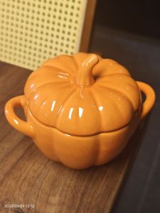 Creative Cute Dual Handle Pumpkin Soup Bowl Stew Cup Steam Eggs Tomato Bowl with Cover Baking Bowl Good-looking Baking Utensils
