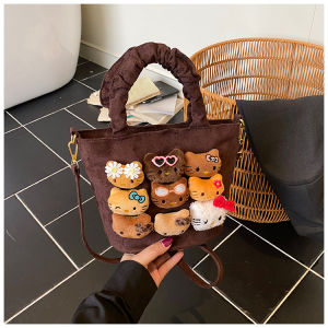 Trendy Leopard Print Canvas Bag Womens Autumn Winter Versatile Crossbody Bag Cute Cartoon Handbag Soft Bucket Shape Shoulder Bag