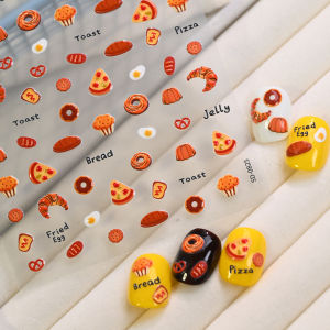 1Pcs 5D Embossed Bakery Food Nail Stickers Cartoon Pizza Bread Croissant Toast Donut Nails Decals Adhesive Manicure Decorations