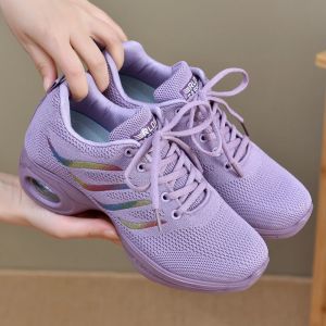 ตาข่ายฤดูร้อนกลางรองเท้าเต้นรำแบบมีส้นสำหรับผู้หญิงพื้นรองเท้านุ่มระบายอากาศได้ดีเต้นรำสมัยใหม่