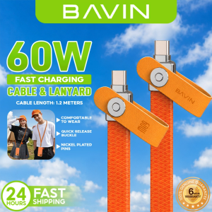 BAVIN CB425 2in1 60W Fast Charging Phone Strap Lanyard+Flat Data Cable 1.2m Type-C to Type-C for Android & iPh17 Series