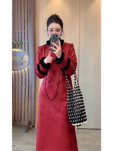 Elegant Red Long Sleeve Qipao Dress Loose Fur Collar Chinese Style Autumn Winter Fashion Dress Single Piece Chic Atmosphere