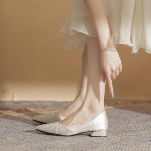 Elegant French Style Flat Wedding Shoes for Brides Maids Pregnant Women Engagement Low Heel Court Shoes Match Cheongsam Dresses