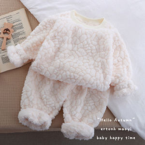 Thickened Flannel Childrens Sleepwear Home Clothes Set for Boys And Girls Warm Long Sleeve V-Neck Button-Up Winter Pajamas