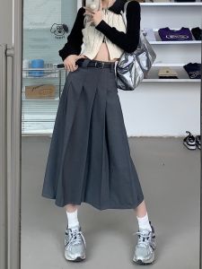 Gray A-Line Skirt High Waist Wide Leg Suit Style Midi Skirt for plus Size Women Elegant Business Casual Spring Autumn Skirt
