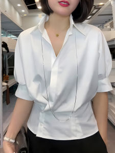 Fashionable White V-neck Long Sleeve Shirt Slimming Waist Design Large Size Womens Casual Top Trendy Style Korean Version