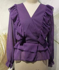 COD Alisa.Sonya Womens Ruffle V Neck Puff Sleeve Blouse Summer Vintage Casual Chiffon Top(Size up)