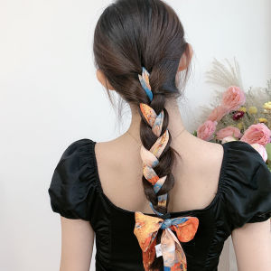 XUANXUAN | French Style Silk Scarf Hairband Womens Shirt Matching Belt Bag Tying Summer Long Strip Decorative Geometric Pattern Polyester Fiber