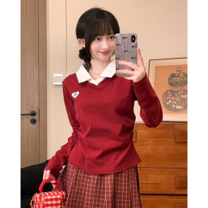 INS Style Heart Labeling Shoulder T-Shirt Female Korean Style Preppy Style Polo Collar Long Sleeves Gentle Sweet Girl Style Waist Trimming Short