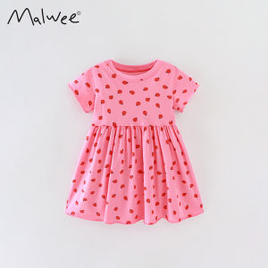 Malwee Princess Dress Summer New Style Childrens Casual Short Sleeve round Neck Girls Dress Cotton Polyester Blend Skirt