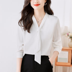White V-neck Silk Shirt Womens Spring Fashion Design Interview Formal Commute Long Sleeve Shirt Korean Style Straight Cut