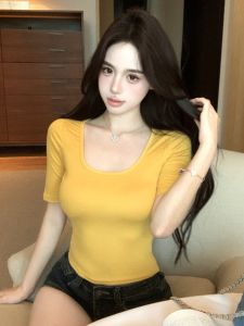 GUZILIAN | Yellow U-Neck Short Sleeve Slim Fit Womens T-Shirt Summer Waist-Cinching Base Shirt Versatile Half Sleeve Top For Young Women