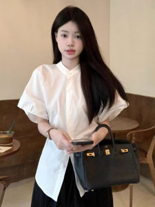 French Style White Bubble Short Sleeve Shirt Women Summer New Design Slimming Waist Cinched Top Sweet Japanese Style Loose Fit
