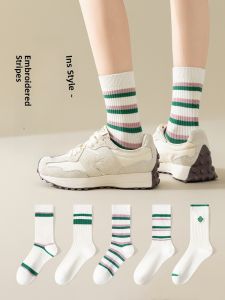 JINGCHI | White Striped Cotton Socks Womens Mid-Calf Spring Autumn Style Sport Anti-Odor Absorbent Sharkskin Pants Outdoor Wear Trendy