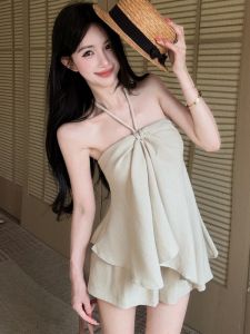 FEILUNKAI | Elegant Intellectual Casual Vacation Style Irregular Halter Tank Top and Shorts Set