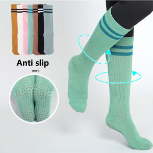 ถุงเท้าโยคะพิลาทิสสำหรับผู้หญิงกันลื่นสายยาวรัดถุงเท้ากีฬาผ้าฝ้ายออกกำลังกายในร่มพื้นถุงเท้า