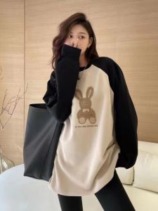 Womens Loose Long Sleeve T-shirt Shark Pants Matching Thickened Winter Sweatshirt Base Shirt Korean Style round Neck Top