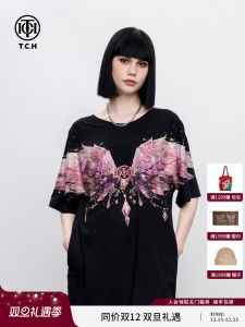 TCH Summer New Long T-shirt Dress Womens Butterfly Knot Pink Wing Sweet Cool Street Style Cotton Blend Short Sleeve Dress