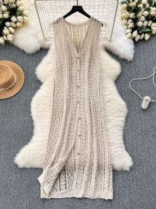 Korean Style Wear Knitting Cardigan Outwear Womens Stylish Crocheted Hollow Retro Fashionable All-Matching Long Vest Top