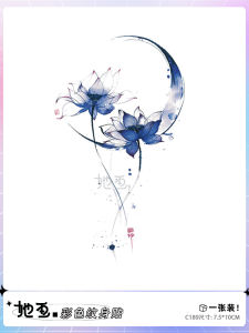 Colorful Blue Moon Lotus Temporary Tattoo Stickers Waterproof Long-lasting Womens High-End Arm Chinese Style Decals