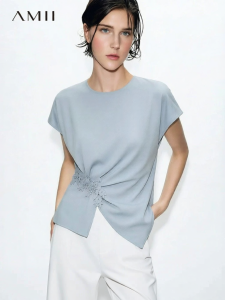 AMII | Commuter Style Round Collar Lace Tie Asymmetric Chiffon Top