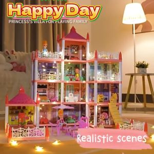 FUNToy Mainan Anak DIY 3D Princess Kastil Villa Rumah Boneka Dengan Lampu Untuk Anak Perempuan