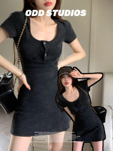 Slim Fit U-Neck Short Sleeve T-Shirt Dress Women Summer New Style Waist Cinching Slimming A-Line Dress Hot Girl Black Grey