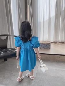 2025 New Childrens Dress Girls Summer Korean Edition Fashion Bubble Sleeves Checkered Strap Backless Dress 1-6Y