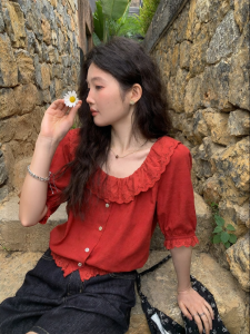 Mixd | Lace Border Red Lantern Sleeve Short Sleeve Summer Design Shirt