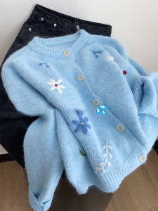 LTST | Elegant Blue Flower Round Neck Knit Cardigan