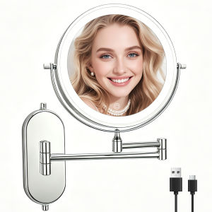 8"Lighted Makeup Mirror Wall Mounted Suction Cup1X/10X Magnifying Mirror Rechargeable No Drilling Wall Mounted Makeup Mirror