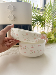 2025 New Air Fryer Special Bowl Plate Home Use Microwave Oven Roasting Tray Steamed Egg Soup Bowl Deep Dish Plant Floral Pattern