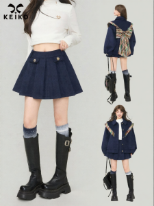 KEIKO | College Style Navy A-Line Pleated Skirt High Waisted Slim Fit