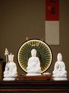 Dehua White Porcelain Buddha Statue Home Living Room Entrance Ceramic Figure Artifacts Zen Style Luminous Decorative Ornaments