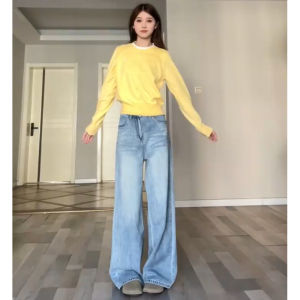 Light Wash Straight Leg Jeans Womens Loose High Waist Extended Length Wide Leg Draping Floor-Length Pants Spring Summer New Arrival