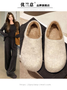 Womens Knit Woolen Mules Shoes Spring Summer Autumn Fashion Retro Thickened Indoor Heightening Slip-On Cotton Shoes Rubber Sole
