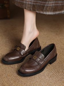 British Style Leather Low Heel Cherry Blossom Loafers Spring New Commuter Thick Heel Versatile Slip-On Small Leather Shoes for Women