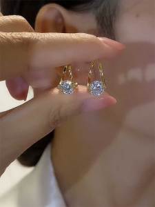 French Style Pure Silver Needle Earrings One Carat Zircon Women Elegant Fashionable Versatile Ear Jewelry Fresh Outlined
