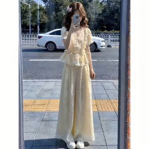 Shalldoer | Elegant Lace Ribbon Shirt and Loose Wide Leg Trousers 2pcs Set