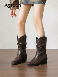 Agsdon | Pointed Toe Fashion Mid Calf Chunky Heel Boots
